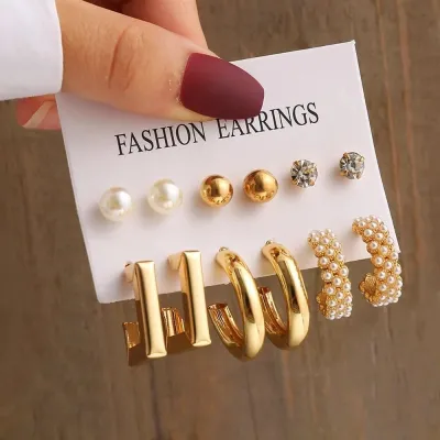 Square Circle Shaped Pearl Earrings Set (6 pairs)
